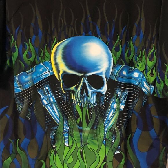 Skull Knucklehead w/Green Flames 
Men’s Large
Motorcycle Biker
by ‘D’ Clothing. - Picture 3 of 4